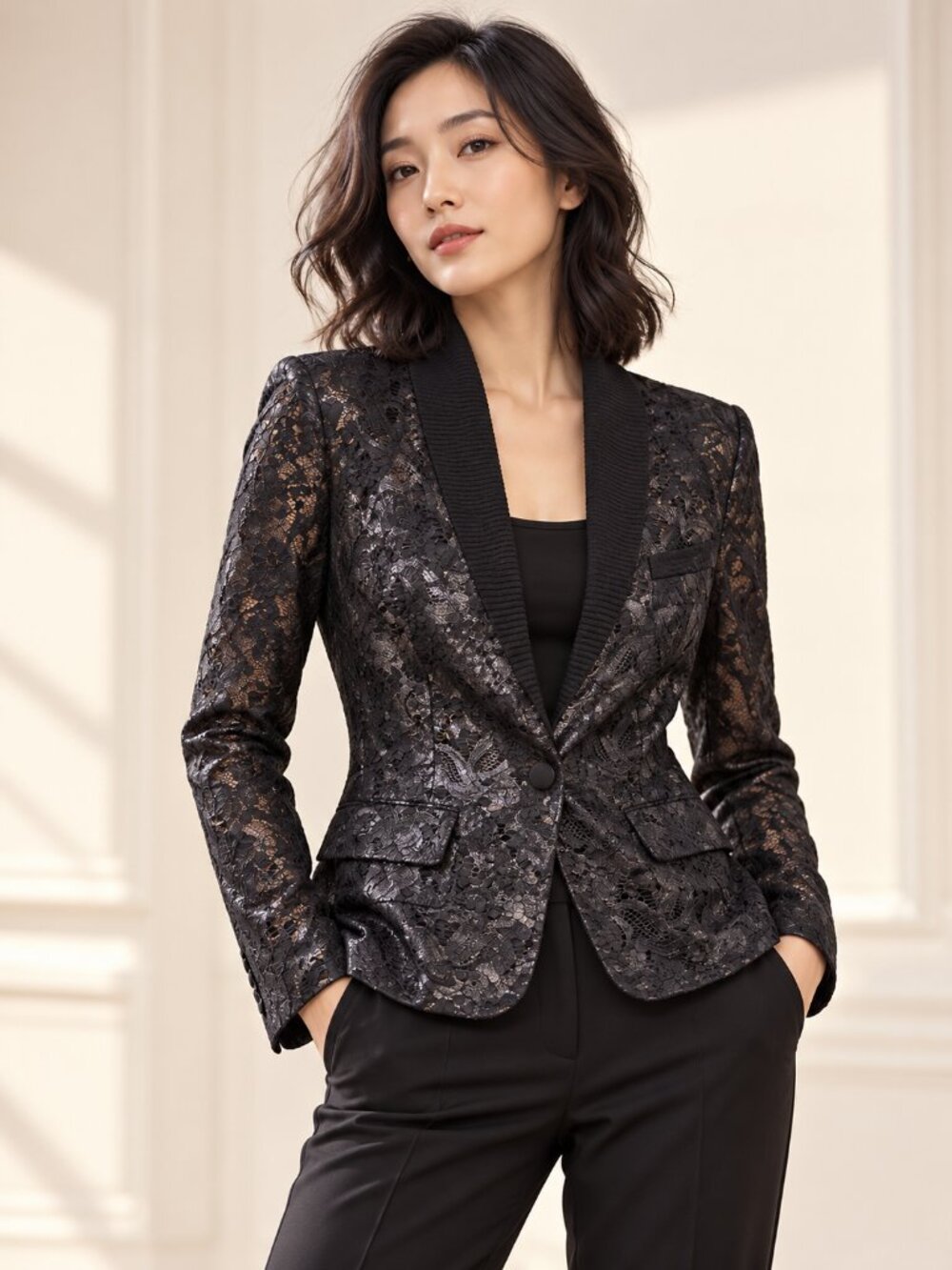 Hanley Mellon Black Lace Blazer Ribbed Shawl Collar Size 4 NWT